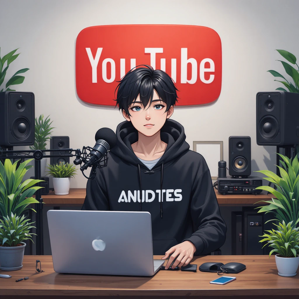 Anime boy streaming at a computer desk with microphone