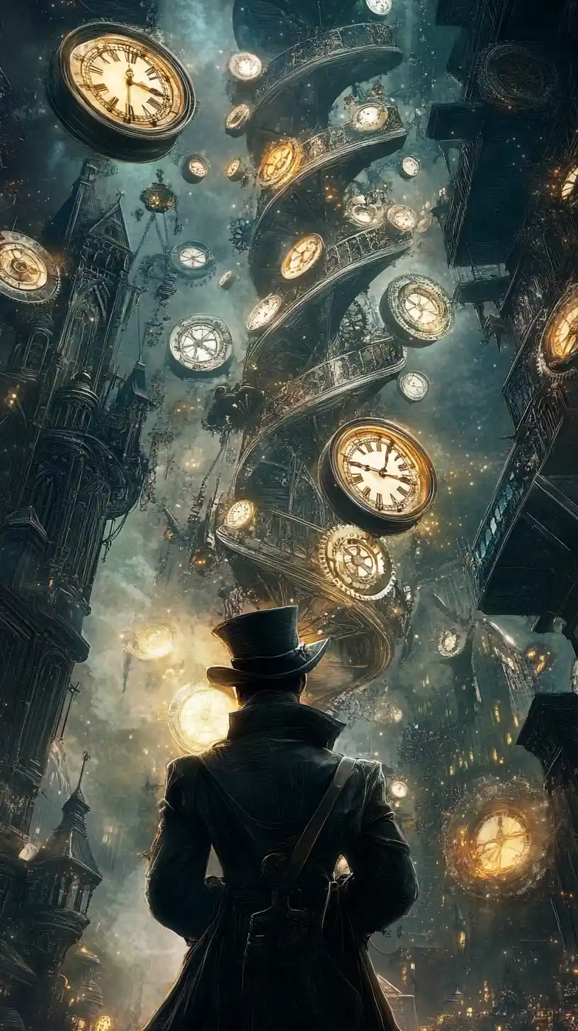 Victorian woman repairing floating melting clocks in tall tower