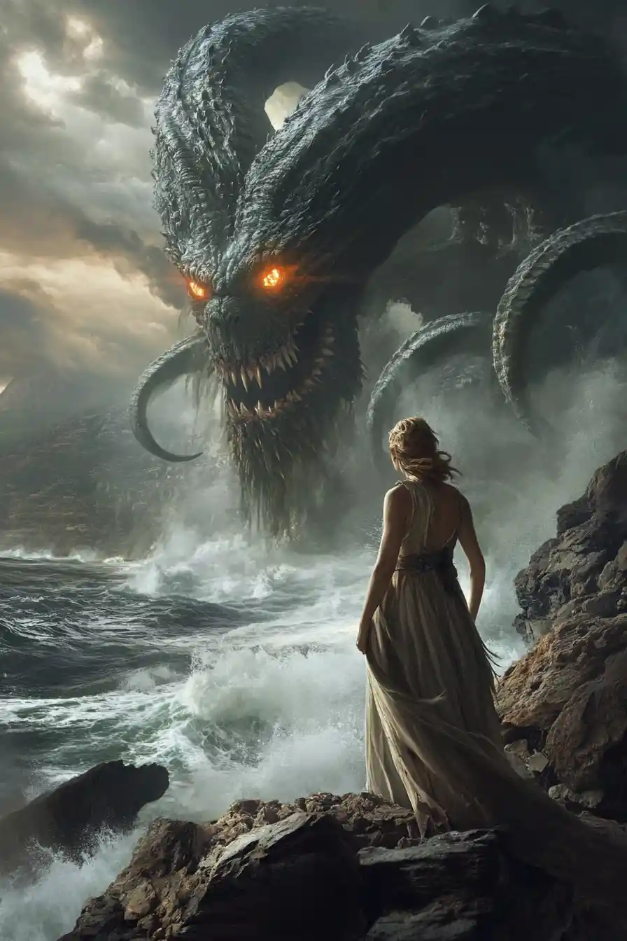Stoic woman faces kraken above a stormy fantasy sea