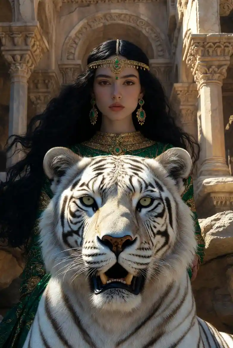 Fantasy desert noblewoman descending ancient palace stairs