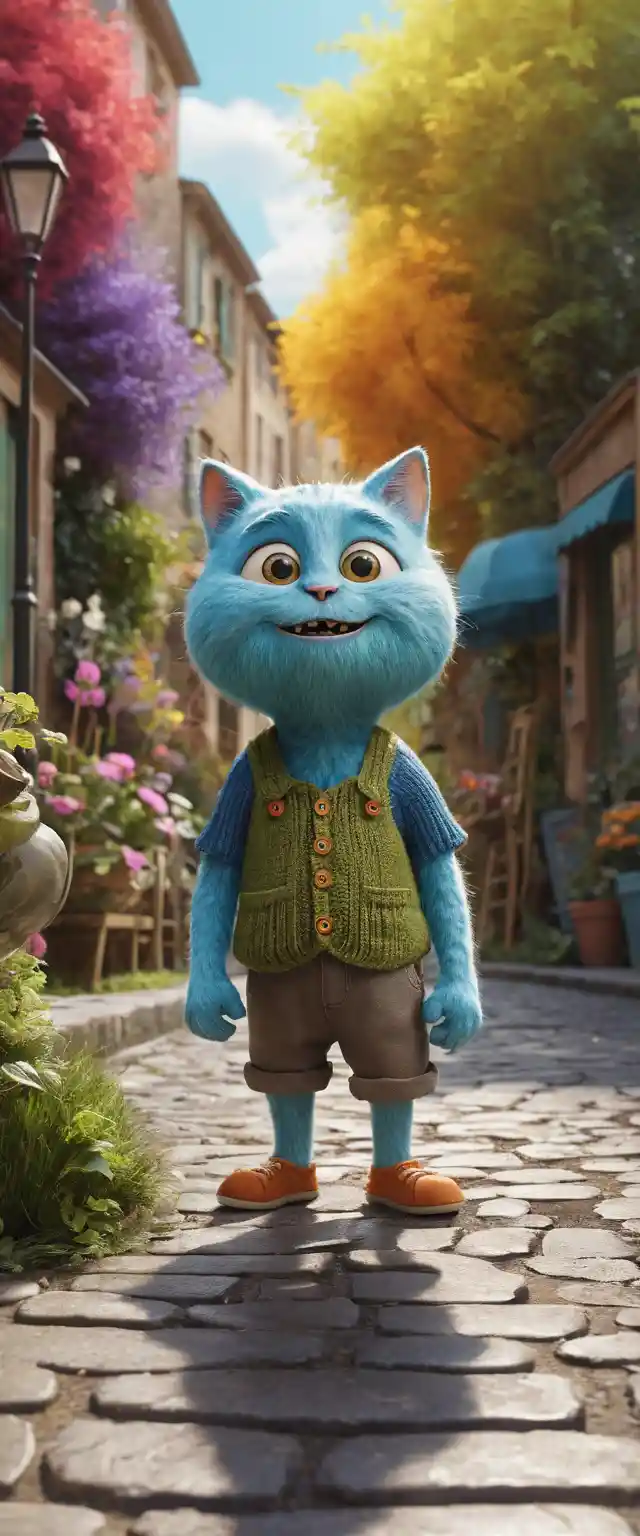 Colorful 3d cartoon cat listening to music on sidewalk