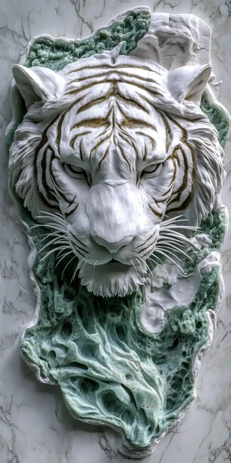 White marble tiger relief with dramatic side lighting