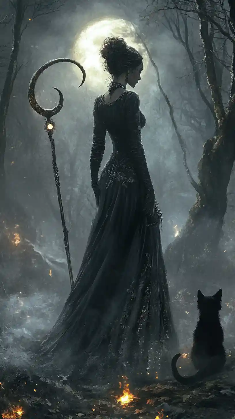 Mysterious Woman With Crescent Staff In Twisted Moonlit Forest