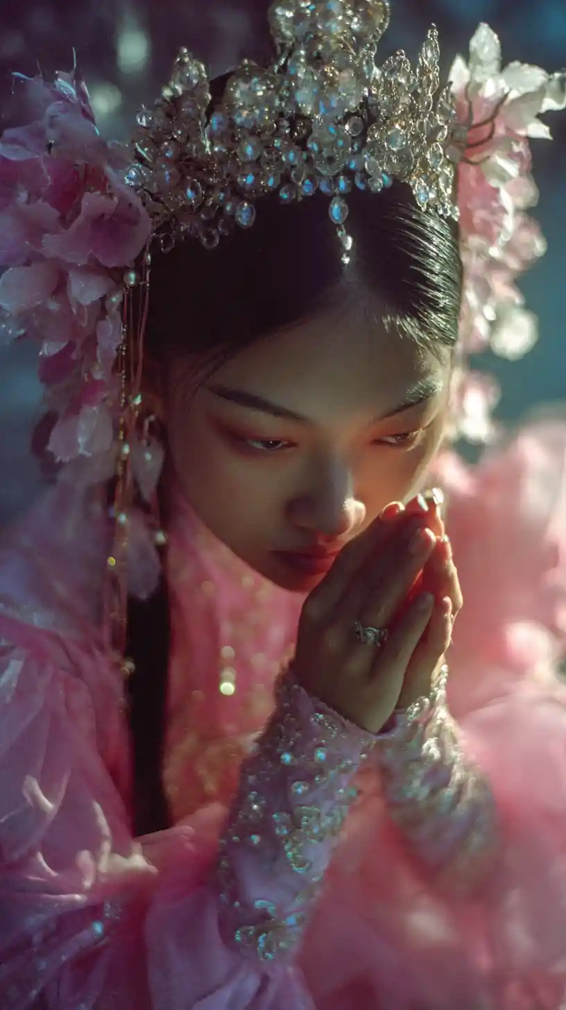 Princess portrait in flowing pink gown at golden hour
