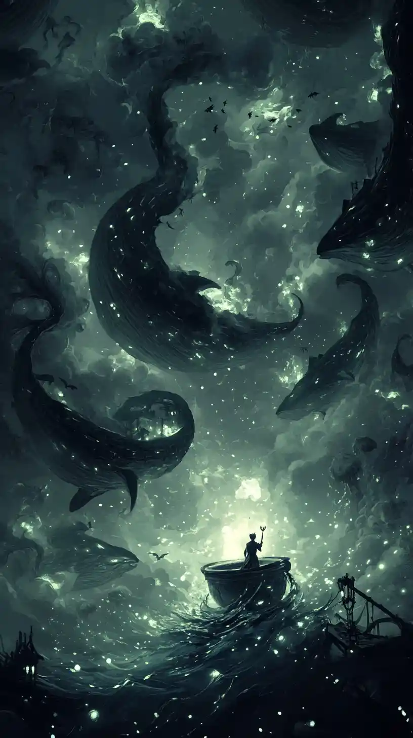 Figure stirring a glowing ocean cauldron beneath dark waters