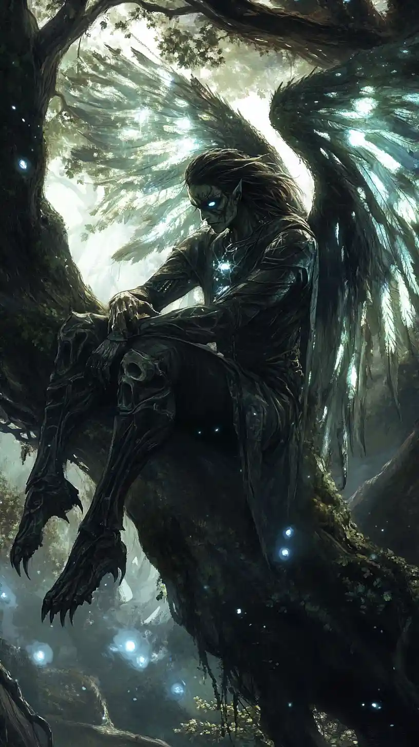 Winged guardian among ancient trees with soft ghostly lights
