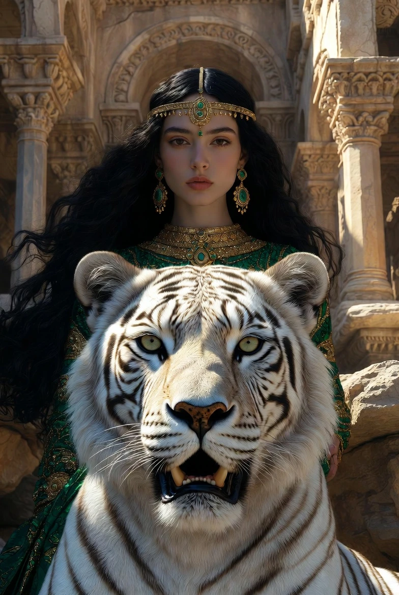 Fantasy desert noblewoman descending ancient palace stairs