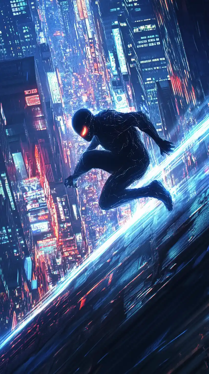 Vigilante Leaping Between Neon Future And Noir Cityscape