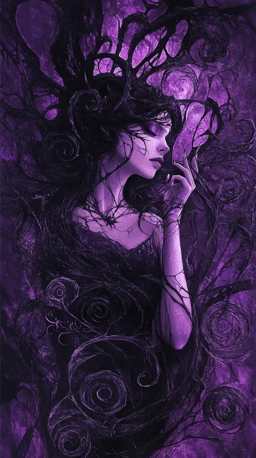 Mystical woman weaving thorn vines in swirling darkness