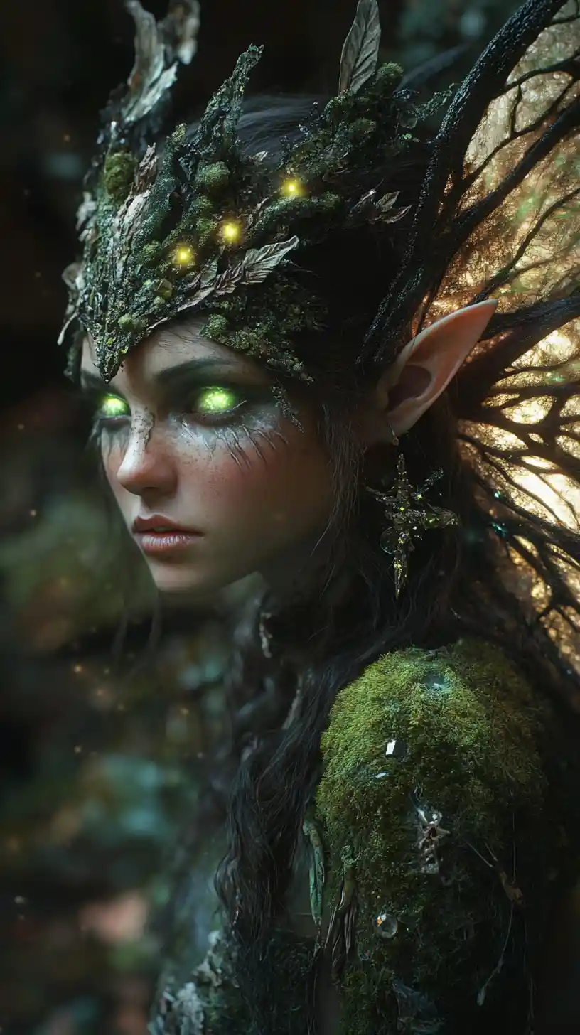 Fairy warrior emerging from shadows in enchanted forest