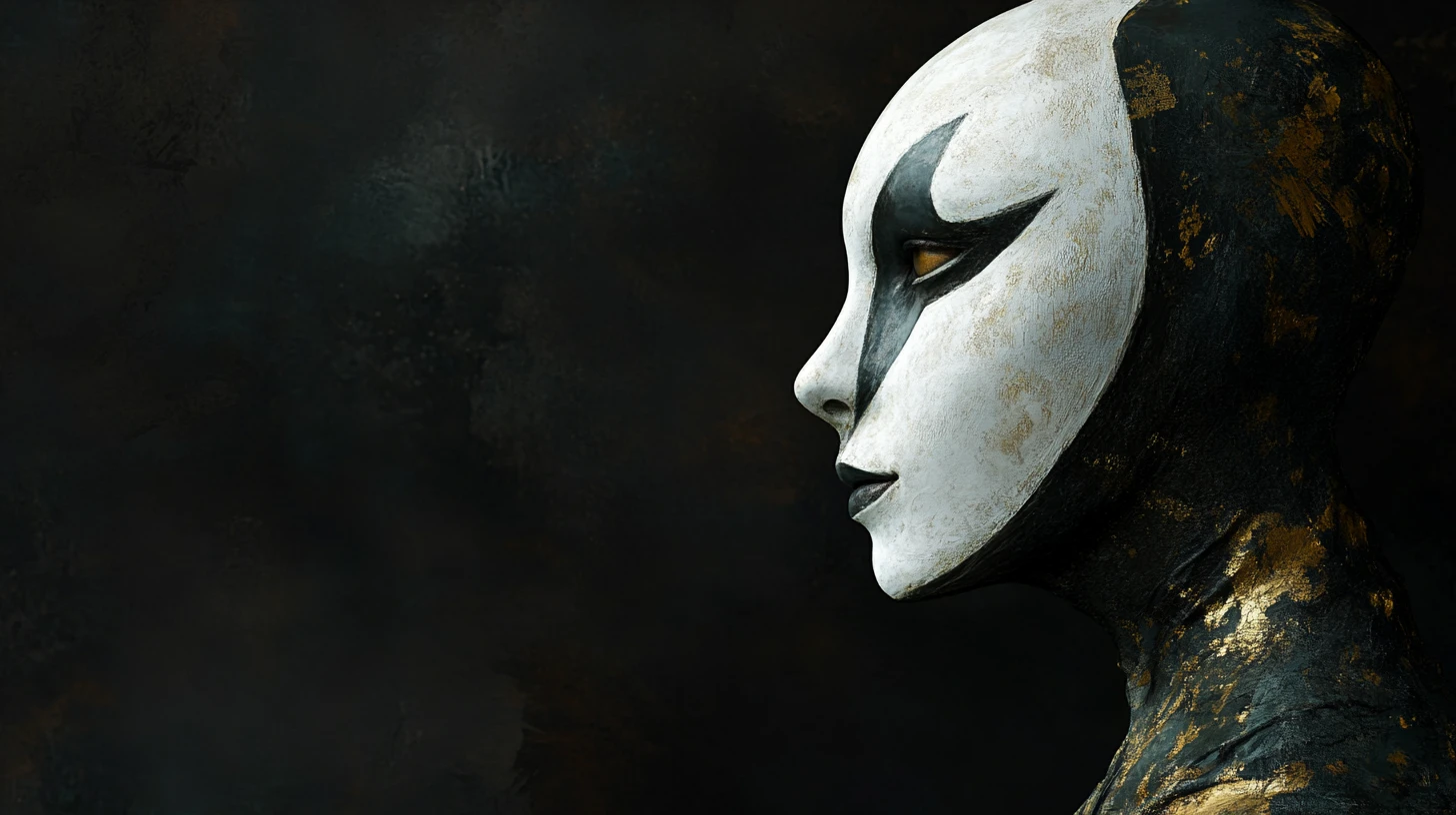 Surreal porcelain harlequin woman in dark profile portrait