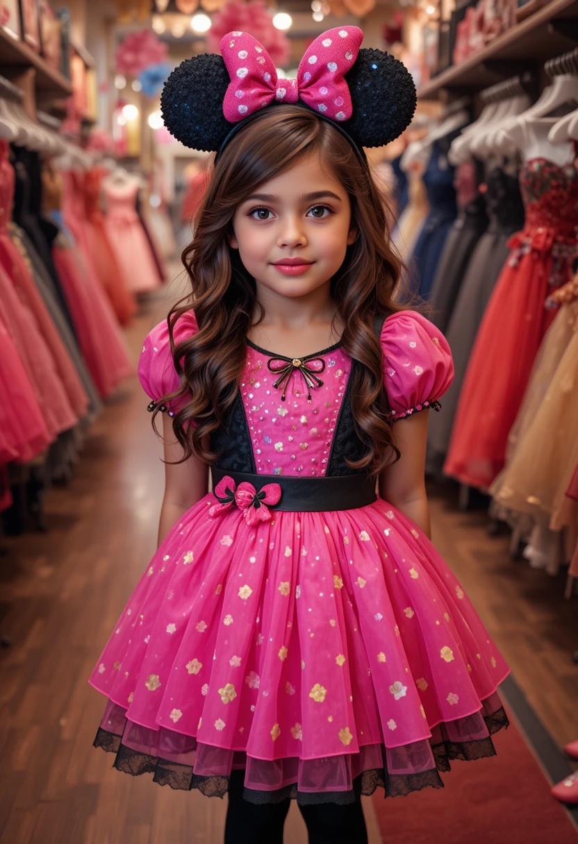 Hispanic tween in pink Minnie dress at boutique shop