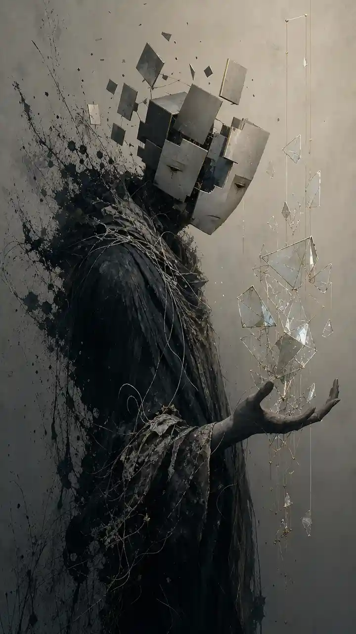 Fragmented female figure holding suspended glass shard cluster