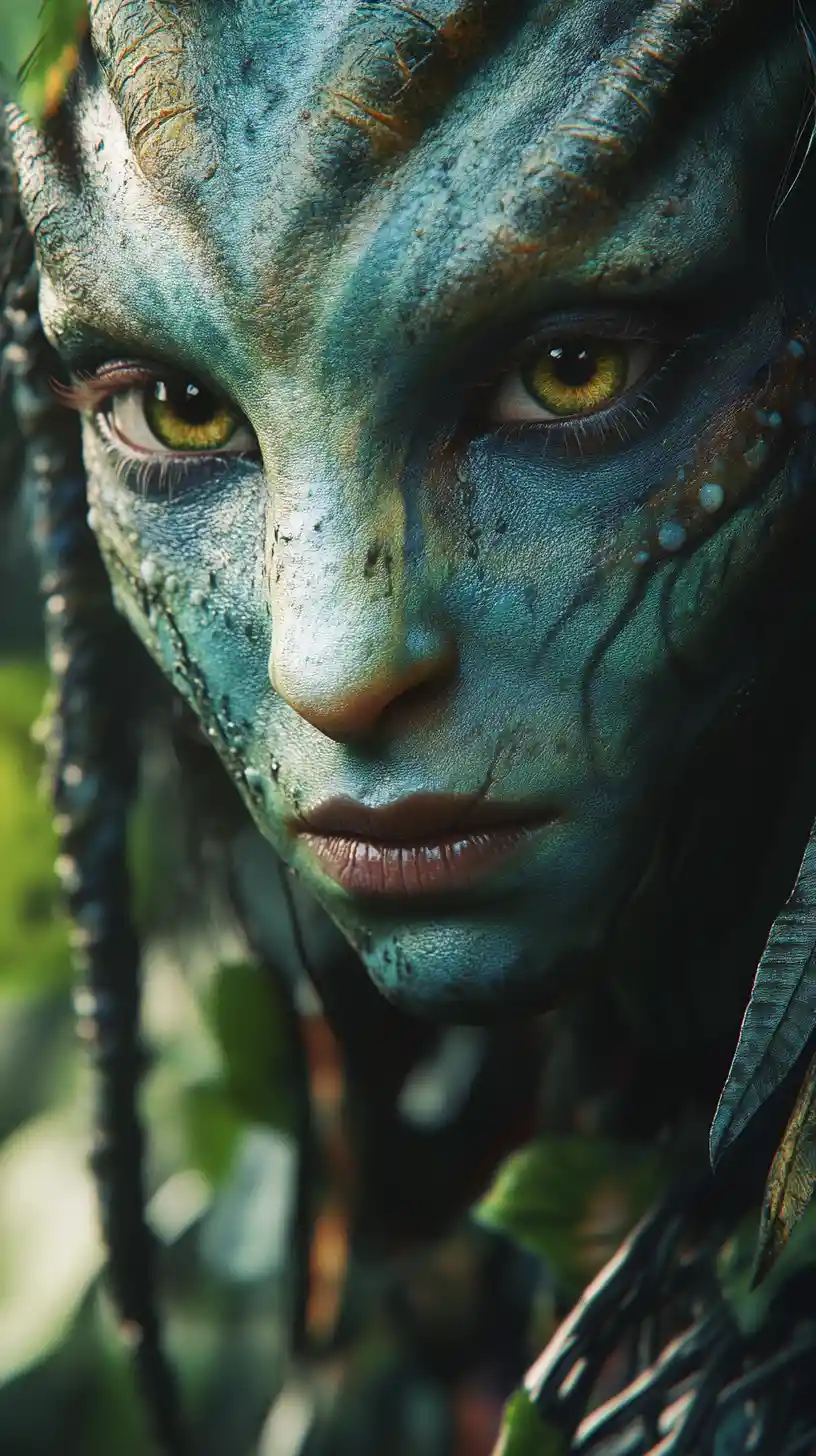 Close up cinematic portrait of an alien woman in another world