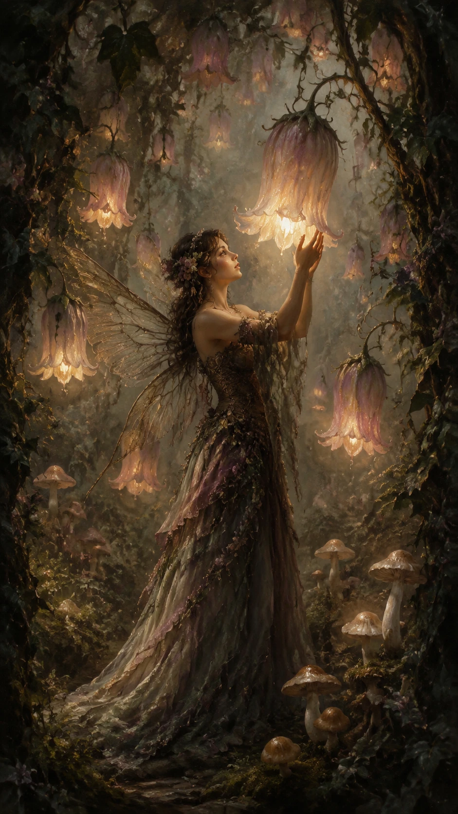 Fairy woman lit by glowing flowers in forest clearing