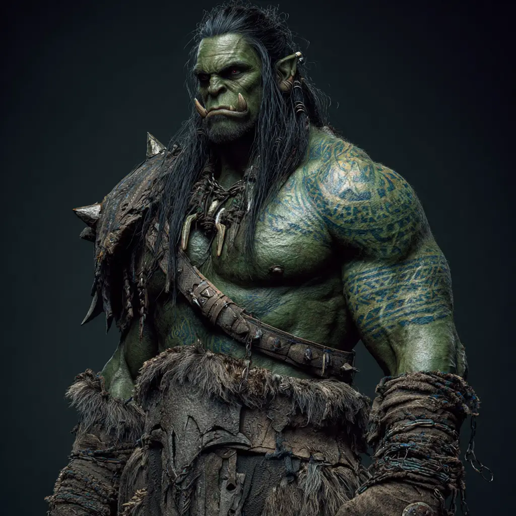 Towering orc barbarian with chains and tribal tattoos