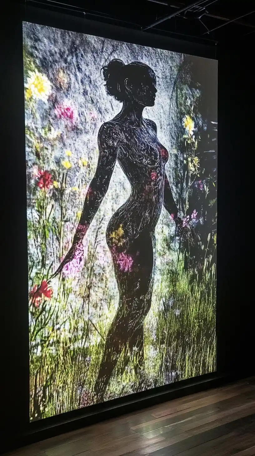 Transparent water woman rising among tall grass and flowers