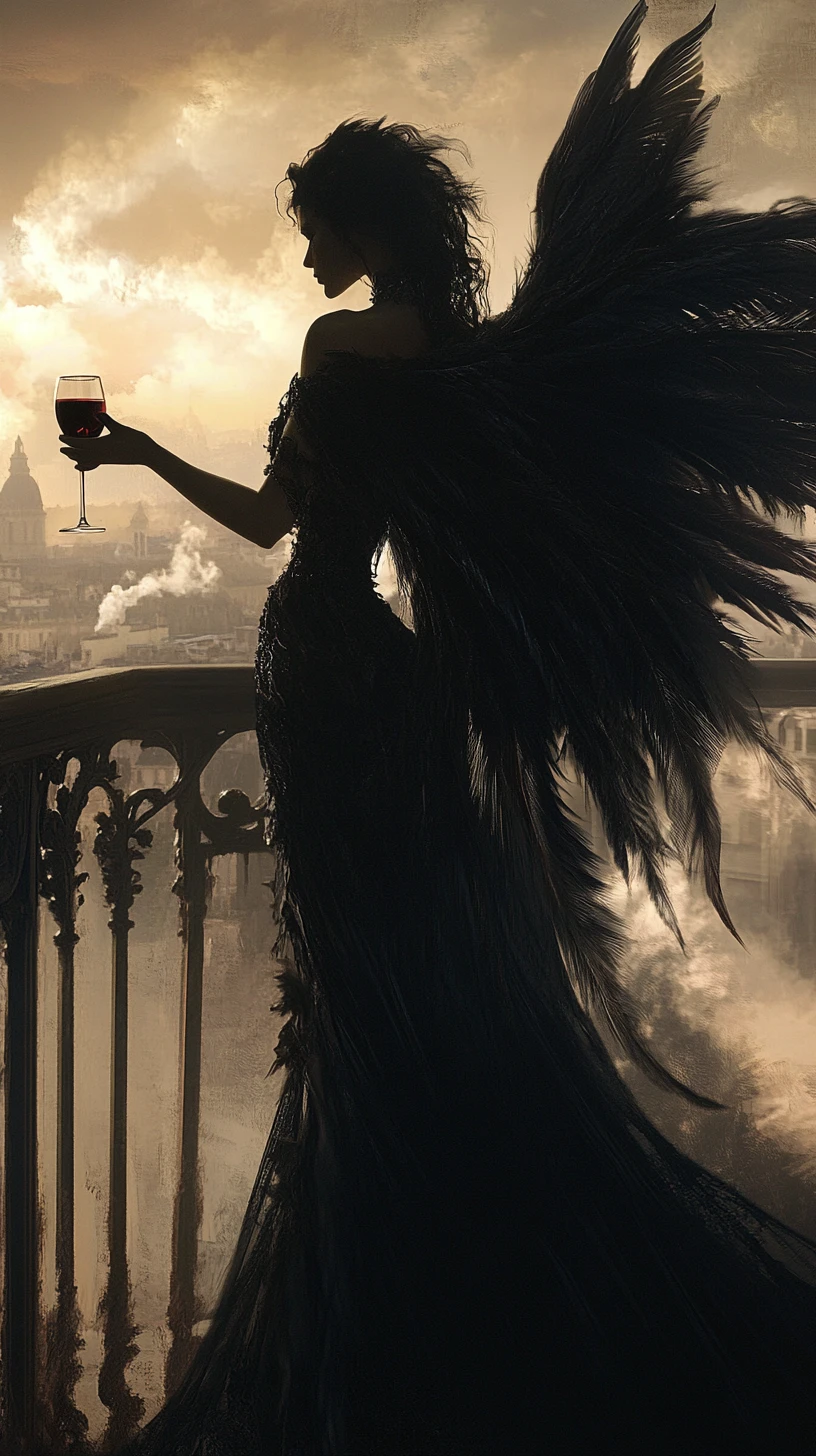 Winged femme fatale on balcony above foggy city
