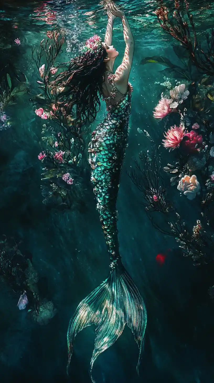 Mystical mermaid amid dark florals in glowing underwater depths