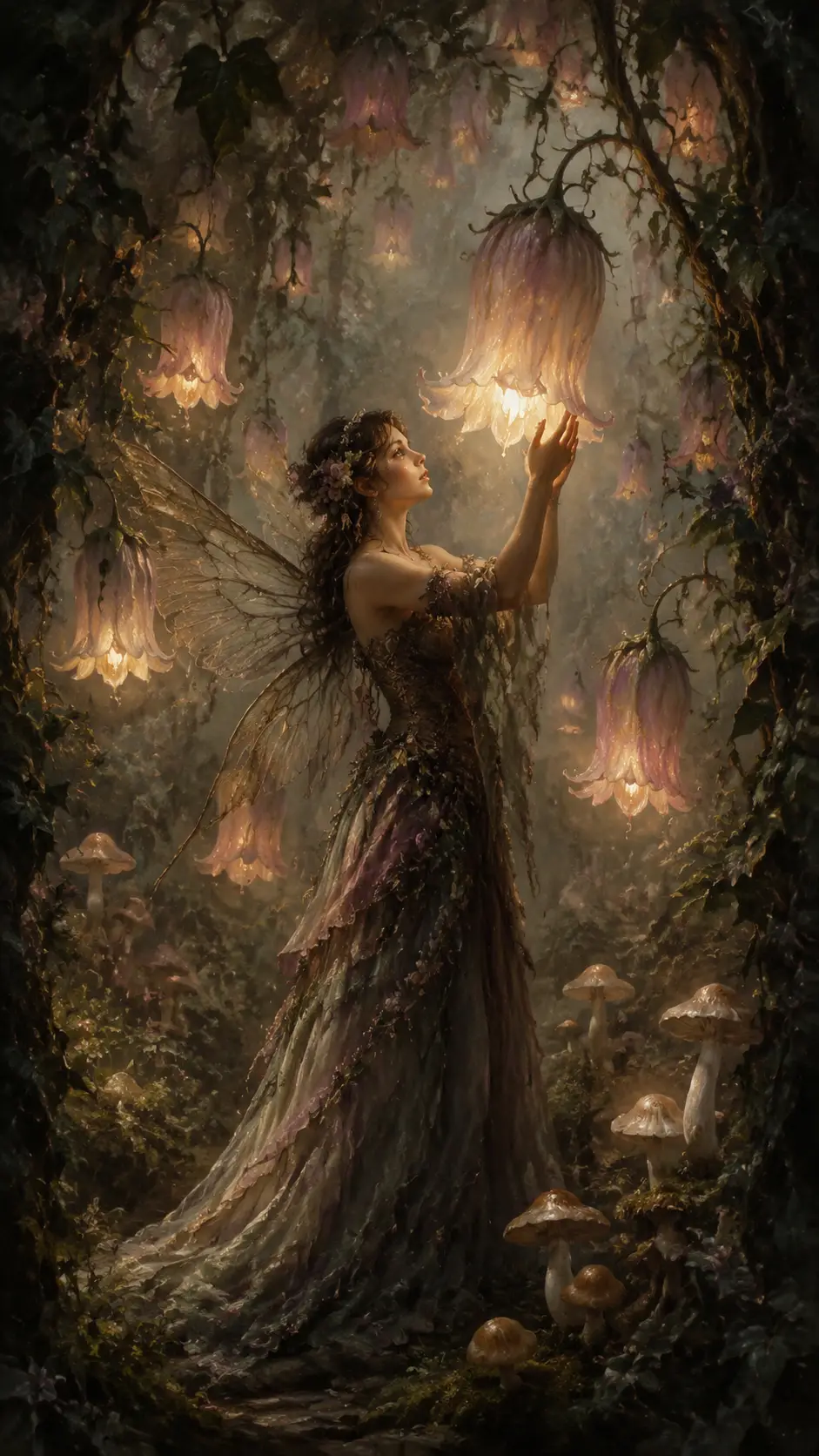 Fairy woman lit by glowing flowers in forest clearing