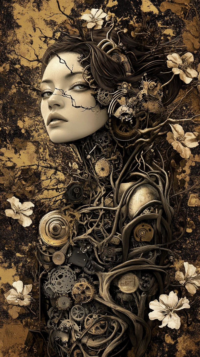 Regal mechanical woman entwined with thorns and decaying flowers