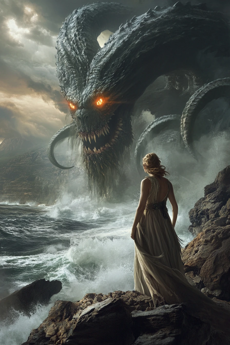 Donna stoica affronta un kraken sopra un mare tempestoso e fantastico