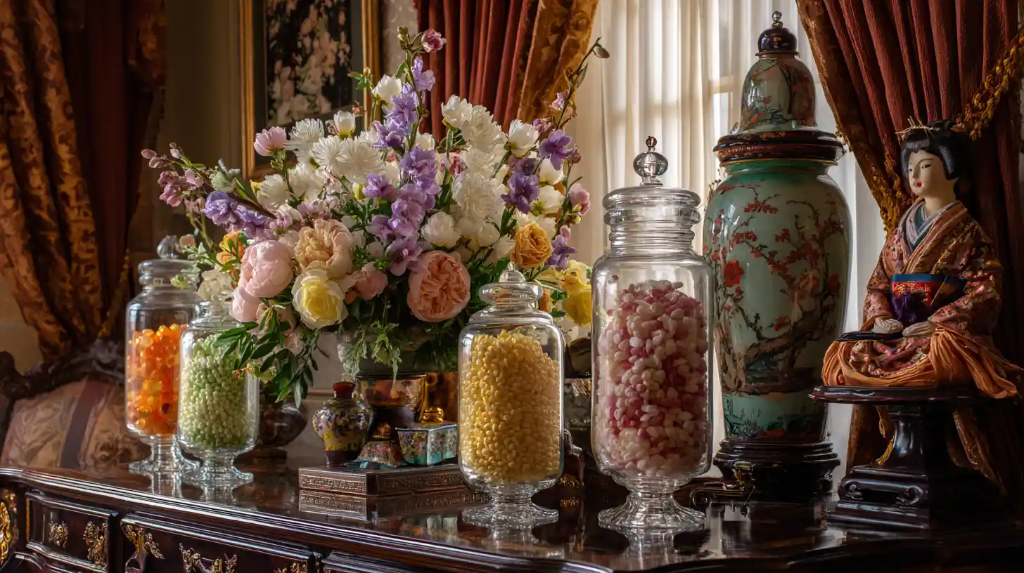 Still life of vintage glass candy jars and floral vase
