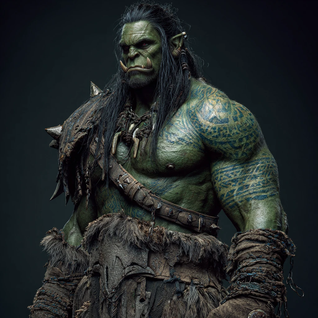 Towering orc barbarian with chains and tribal tattoos
