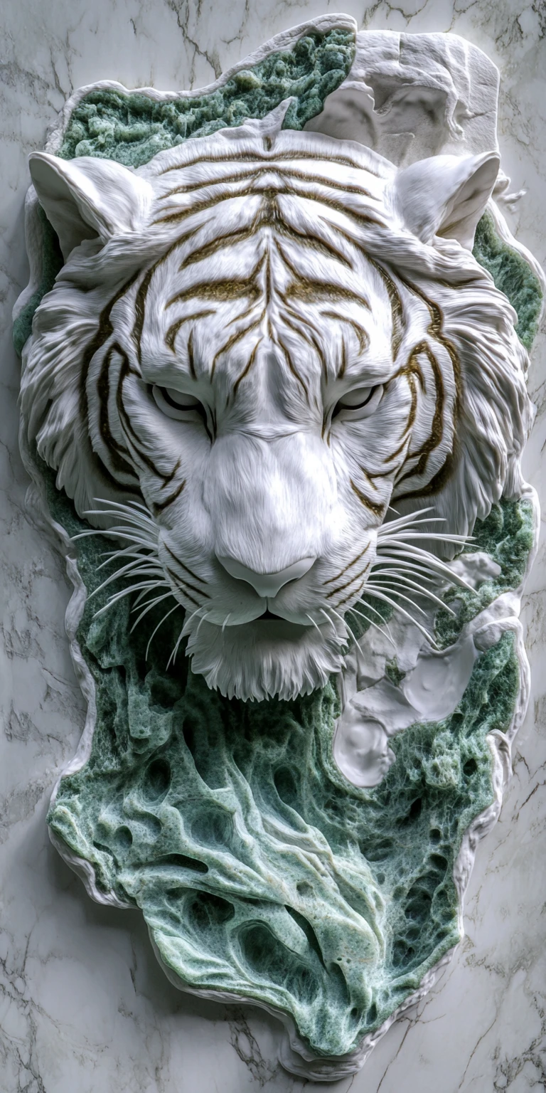 White marble tiger relief with dramatic side lighting