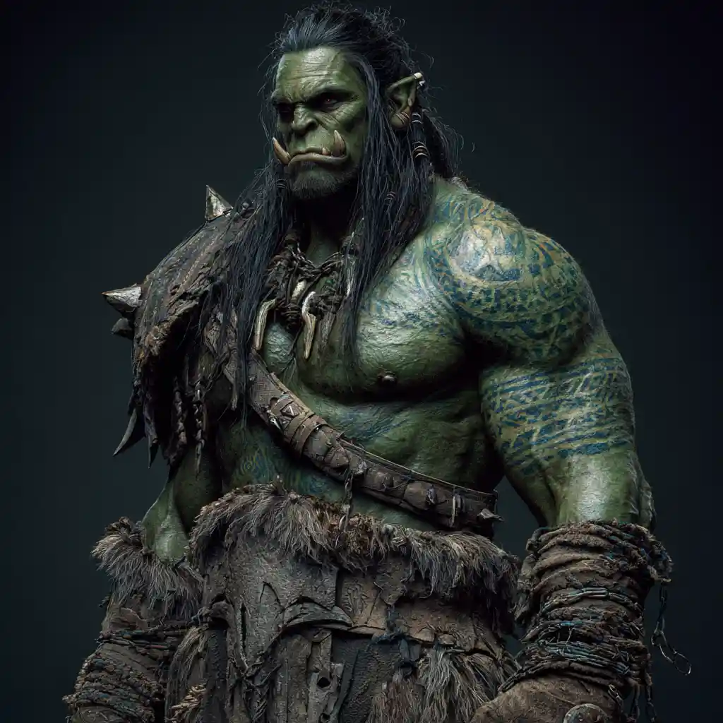 Towering orc barbarian with chains and tribal tattoos