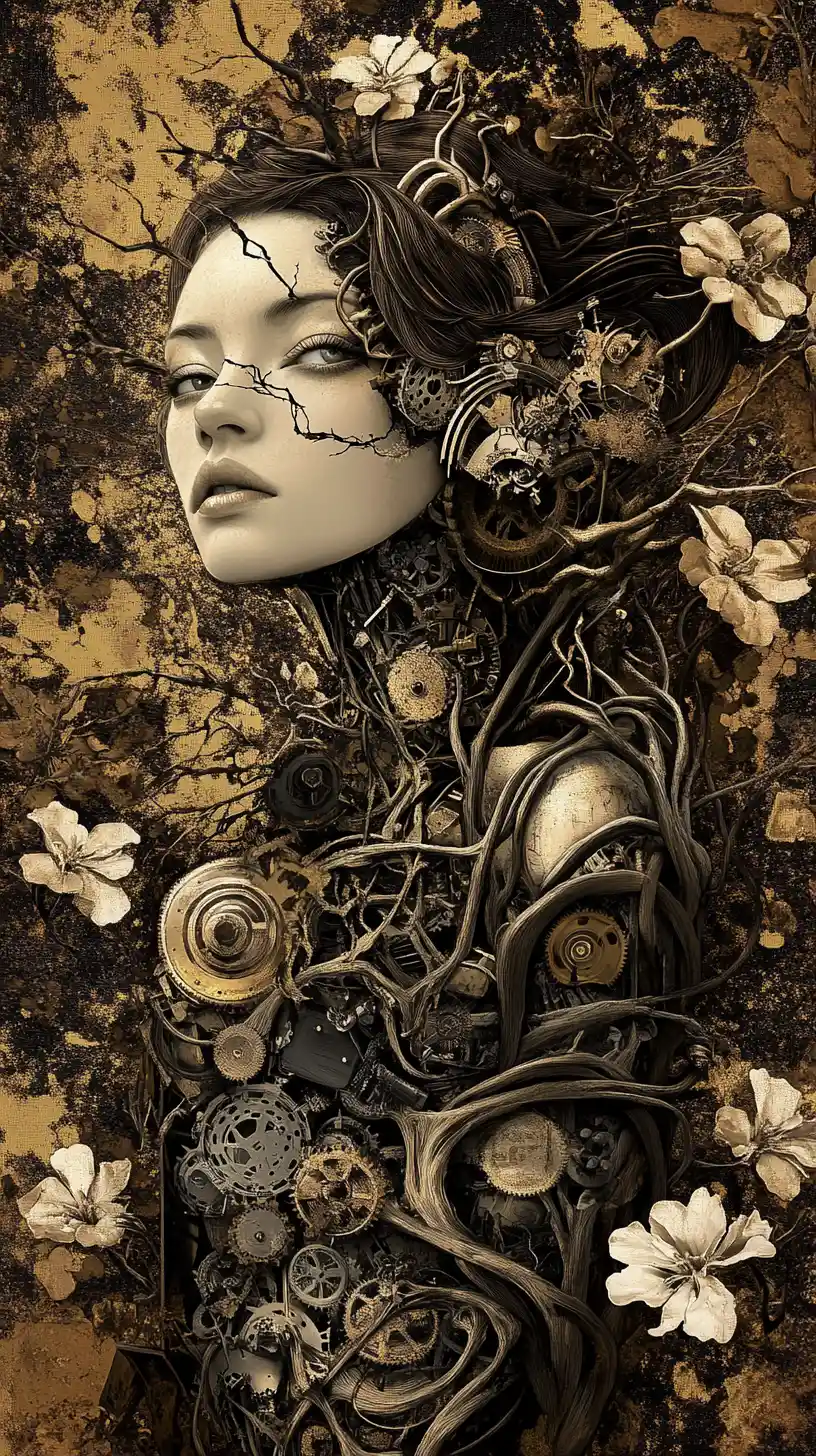 Regal mechanical woman entwined with thorns and decaying flowers