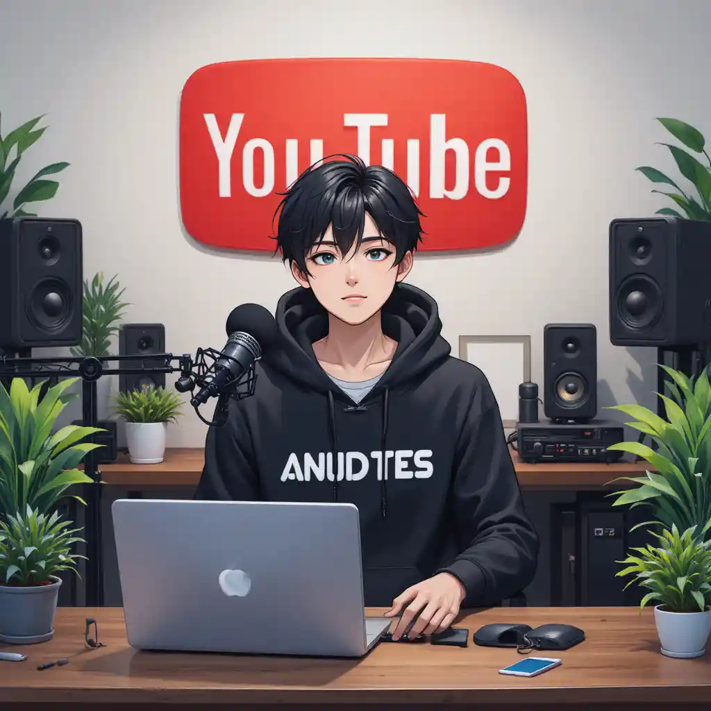 Anime boy streaming at a computer desk with microphone
