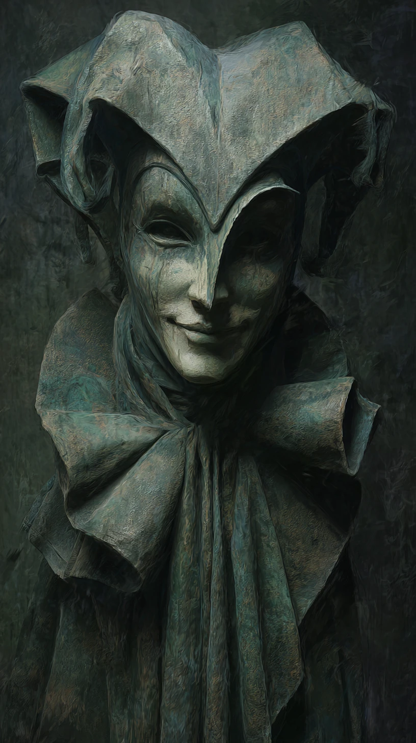 Dark fantasy portrait of a masked harlequin woman