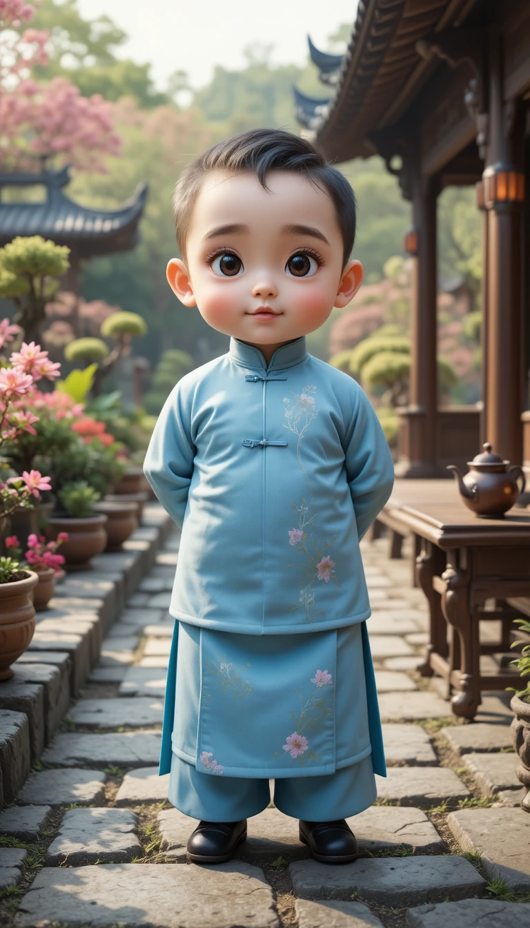 Chubby little boy in blue ao dai in tranquil tea garden
