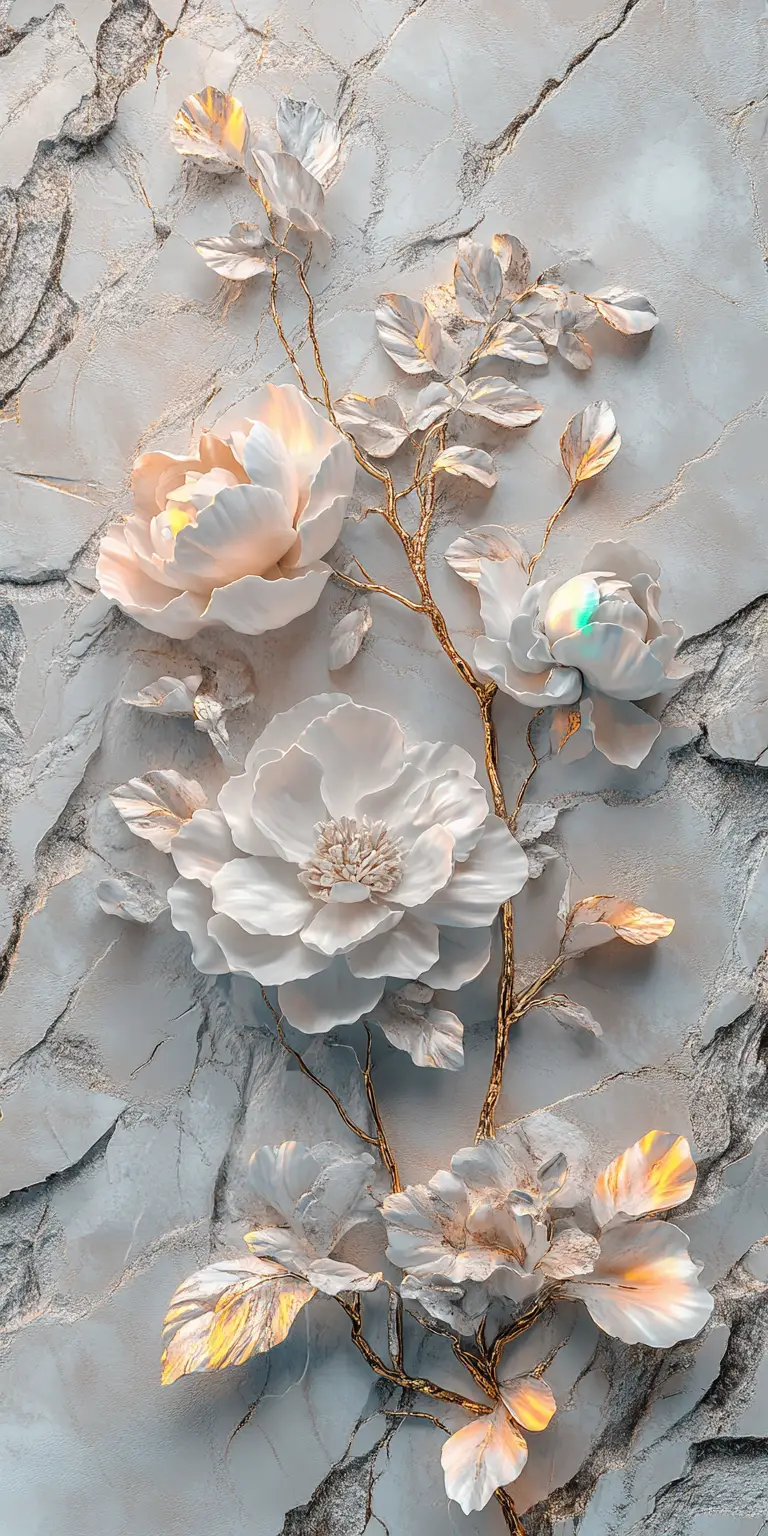 Rilievo in marmo bianco con peonie arcobaleno su pietra grezza