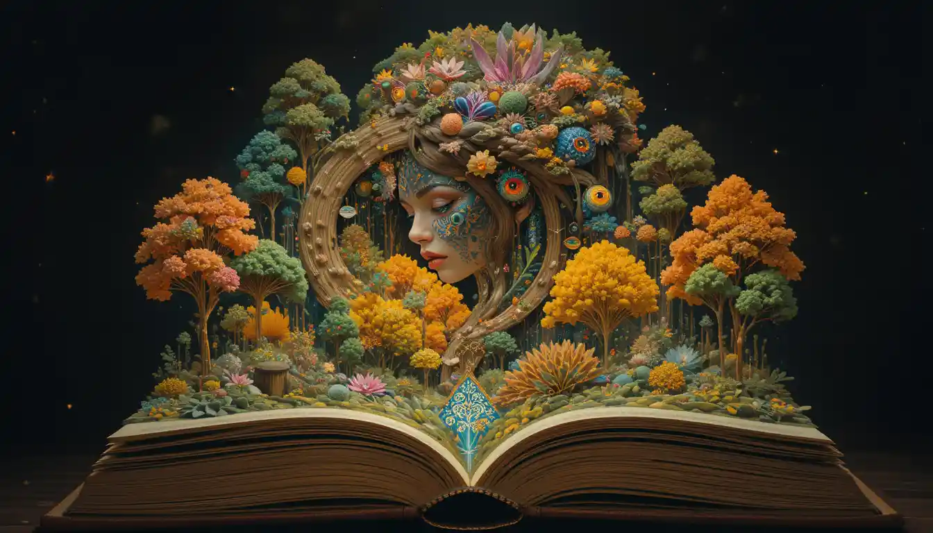 Enchanted forest landscape emerging from an open book