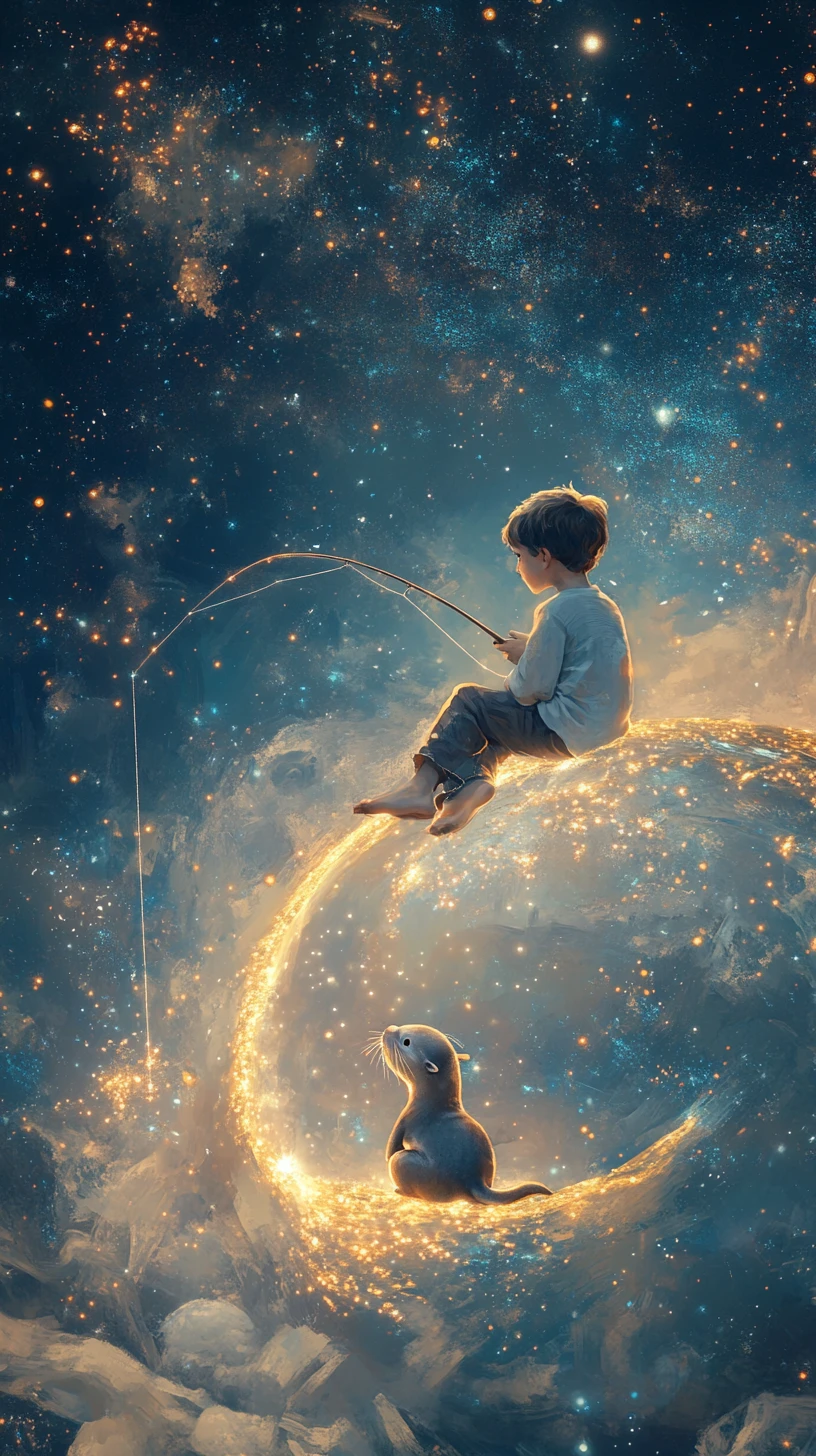 Young boy fishing from a glowing crescent world in space