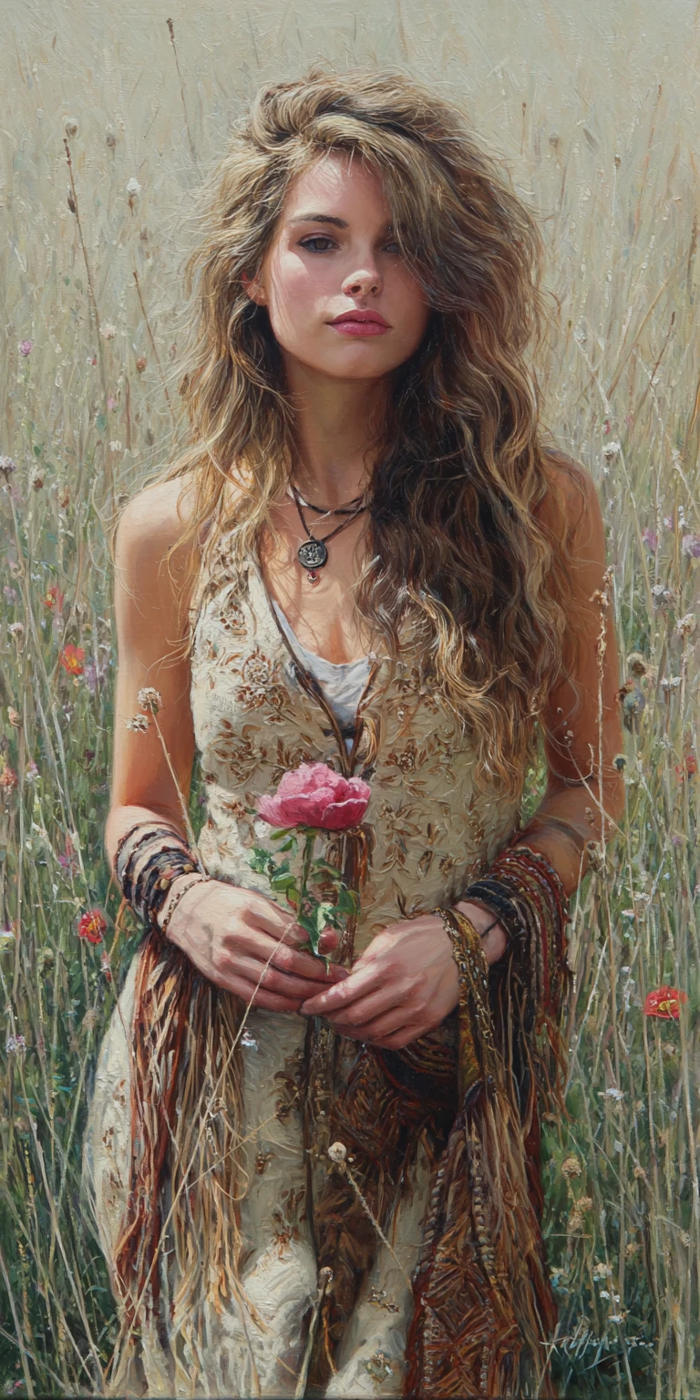 Woman with peony in embroidered dress in wildflower meadow