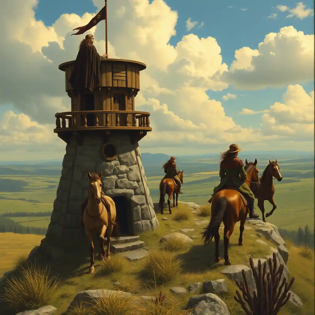 Two riders approach a distant countryside watchtower