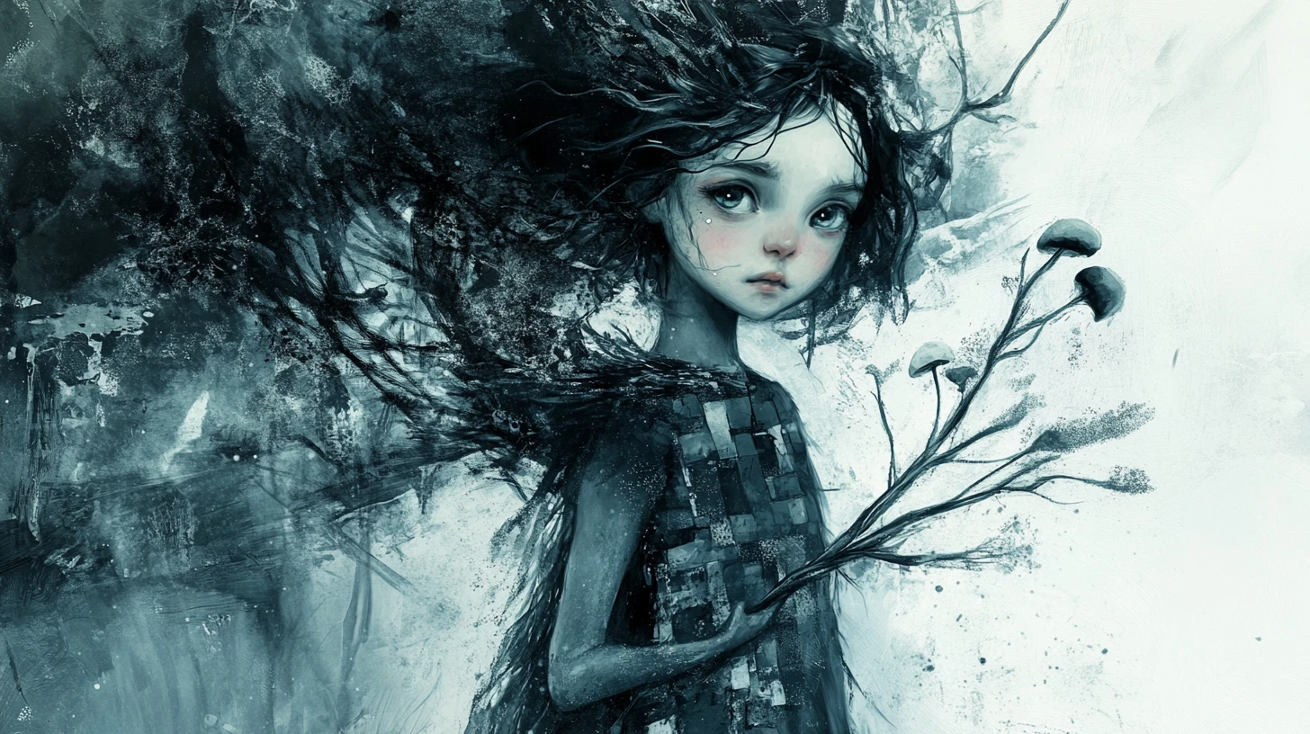 Melancholic girl holding glowing fungi branch in ink illustration