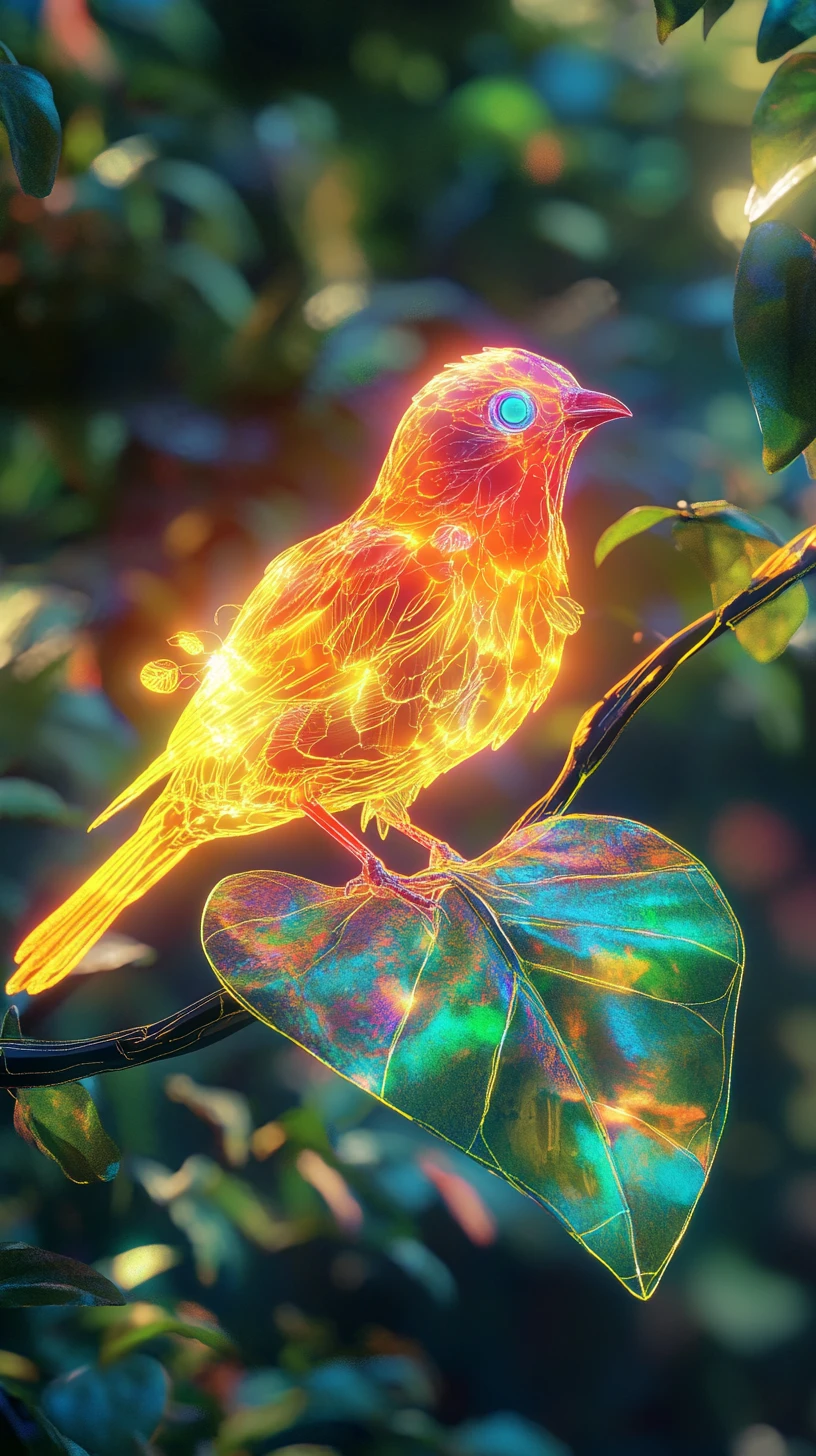 Glowing fantasy canary on a magical tree branch