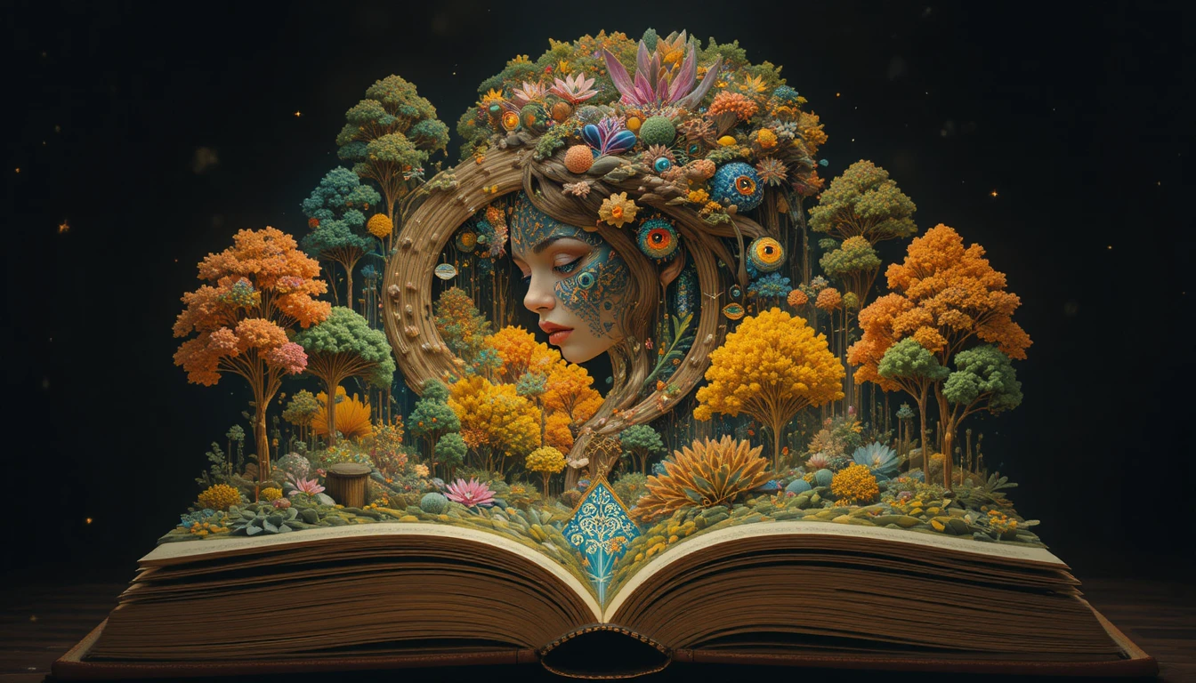 Enchanted forest landscape emerging from an open book
