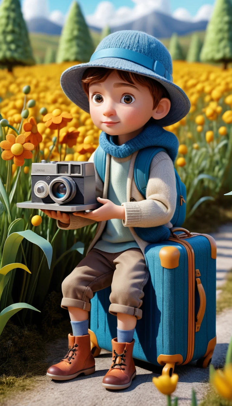 Cute 3D childlike bird character in a flower field