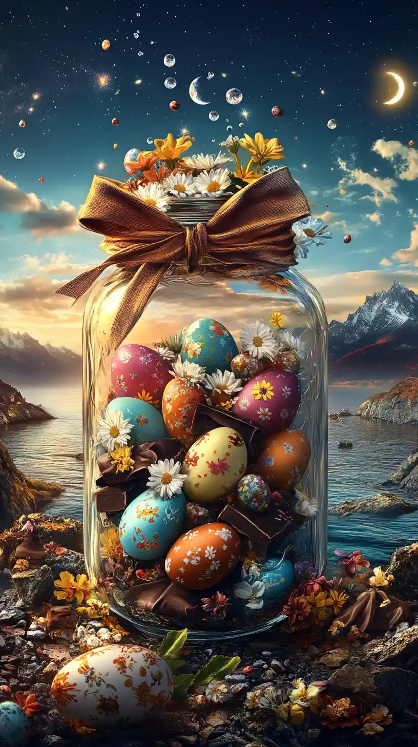 Floral Easter eggs in glass jar by the sea at night
