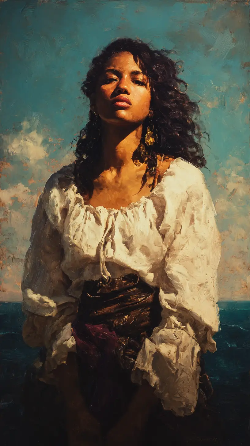 Jamaican woman in pirate blouse by the ocean shoreline