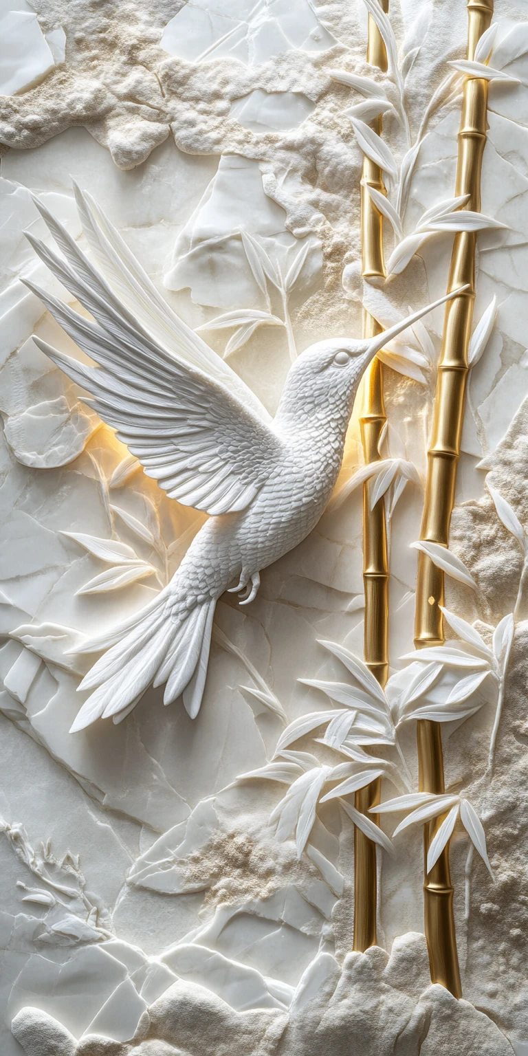 Colibri en relief de marbre dans une forêt de bambous lumineuse