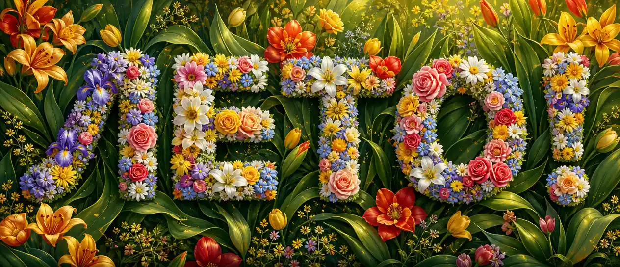 Summer floral lettering made of bright blooming flowers