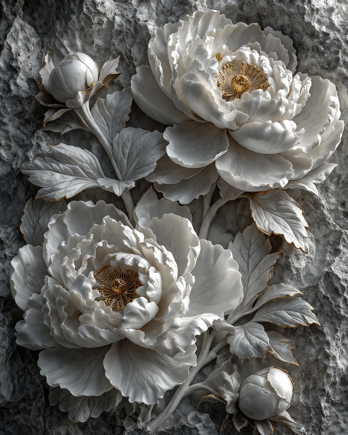 White marble peony relief on rough stone background