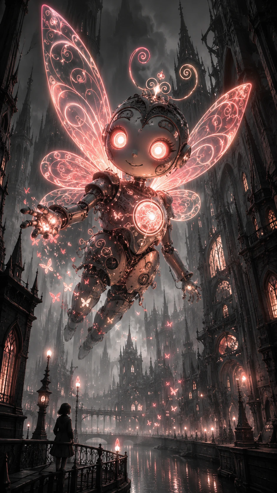Mechanical fairy creature in a gothic monochrome cityscape
