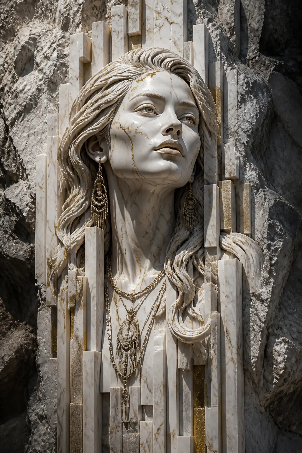 Marble relief portrait of a serene boho woman in profile